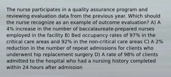 The nurse participates in a quality assurance program and reviewing evaluation data from the previous year. Which should the nurse recognize as an example of outcome evaluation? A) A 4% increase in the number of baccalaureate-prepared nurses employed in the facility B) Bed occupancy rates of 97% in the critical care areas and 92% in the non-critical care areas C) A 2% reduction in the number of repeat admissions for clients who underwent hip replacement surgery D) A rate of 98% of clients admitted to the hospital who had a nursing history completed within 24 hours after admission