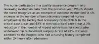 The nurse participates in a quality assurance program and reviewing evaluation data from the previous year. Which should the nurse recognize as an example of outcome evaluation? A 4% increase in the number of baccalaureate-prepared nurses employed in the facility Bed occupancy rates of 97% in the critical care areas and 92% in the non-critical care areas A 2% reduction in the number of repeat admissions for clients who underwent hip replacement surgery A rate of 98% of clients admitted to the hospital who had a nursing history completed within 24 hours after admission