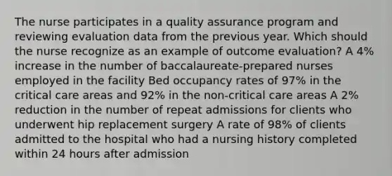 The nurse participates in a quality assurance program and reviewing evaluation data from the previous year. Which should the nurse recognize as an example of outcome evaluation? A 4% increase in the number of baccalaureate-prepared nurses employed in the facility Bed occupancy rates of 97% in the critical care areas and 92% in the non-critical care areas A 2% reduction in the number of repeat admissions for clients who underwent hip replacement surgery A rate of 98% of clients admitted to the hospital who had a nursing history completed within 24 hours after admission