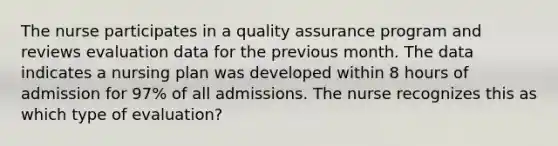 The nurse participates in a quality assurance program and reviews evaluation data for the previous month. The data indicates a nursing plan was developed within 8 hours of admission for 97% of all admissions. The nurse recognizes this as which type of evaluation?