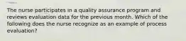 The nurse participates in a quality assurance program and reviews evaluation data for the previous month. Which of the following does the nurse recognize as an example of process evaluation?