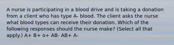 A nurse is participating in a blood drive and is taking a donation from a client who has type A- blood. The client asks the nurse what blood types can receive their donation. Which of the following responses should the nurse make? (Select all that apply.) A+ B+ o+ AB- AB+ A-