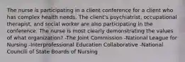 The nurse is participating in a client conference for a client who has complex health needs. The client's psychiatrist, occupational therapist, and social worker are also participating in the conference. The nurse is most clearly demonstrating the values of what organization? -The Joint Commission -National League for Nursing -Interprofessional Education Collaborative -National Councili of State Boards of Nursing