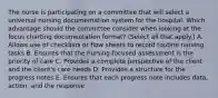 The nurse is participating on a committee that will select a universal nursing documentation system for the hospital. Which advantage should the committee consider when looking at the focus charting documentation​ format? (Select all that​ apply.) A. Allows use of checklists or flow sheets to record routine nursing tasks B. Ensures that the​ nursing-focused assessment is the priority of care C. Provides a complete perspective of the client and the​ client's care needs D. Provides a structure for the progress notes E. Ensures that each progress note includes​ data, action, and the response