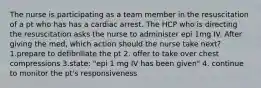 The nurse is participating as a team member in the resuscitation of a pt who has has a cardiac arrest. The HCP who is directing the resuscitation asks the nurse to administer epi 1mg IV. After giving the med, which action should the nurse take next? 1.prepare to defibrillate the pt 2. offer to take over chest compressions 3.state: "epi 1 mg IV has been given" 4. continue to monitor the pt's responsiveness