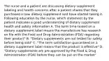 The nurse and a patient are discussing dietary supplement labeling and health concerns after a patient shares that they purchased a new dietary supplement and have started taking it. Following education by the nurse, which statement by the patient indicates a good understanding of dietary supplement health and safety information A. The term time-tested on a dietary supplement label means the manufacture has research on file with the Food and Drug Administration (FDA) regarding their product" B. "Dietary supplements are not tested for safety before being sold" C. "The term satisfaction guaranteed on a dietary supplement label means that the product is effective" D. "Dietary supplements are pre-approved by the Food & Drug Administration (FDA) before they can be put on the market"