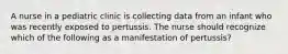 A nurse in a pediatric clinic is collecting data from an infant who was recently exposed to pertussis. The nurse should recognize which of the following as a manifestation of pertussis?