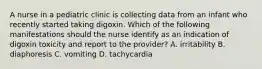 A nurse in a pediatric clinic is collecting data from an infant who recently started taking digoxin. Which of the following manifestations should the nurse identify as an indication of digoxin toxicity and report to the provider? A. irritability B. diaphoresis C. vomiting D. tachycardia