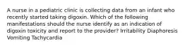 A nurse in a pediatric clinic is collecting data from an infant who recently started taking digoxin. Which of the following manifestations should the nurse identify as an indication of digoxin toxicity and report to the provider? Irritability Diaphoresis Vomiting Tachycardia