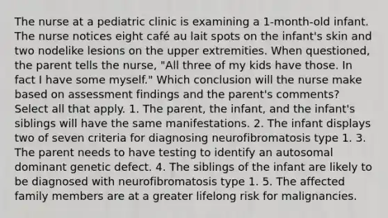 The nurse at a pediatric clinic is examining a 1-month-old infant. The nurse notices eight café au lait spots on the infant's skin and two nodelike lesions on the upper extremities. When questioned, the parent tells the nurse, "All three of my kids have those. In fact I have some myself." Which conclusion will the nurse make based on assessment findings and the parent's comments? Select all that apply. 1. The parent, the infant, and the infant's siblings will have the same manifestations. 2. The infant displays two of seven criteria for diagnosing neurofibromatosis type 1. 3. The parent needs to have testing to identify an autosomal dominant genetic defect. 4. The siblings of the infant are likely to be diagnosed with neurofibromatosis type 1. 5. The affected family members are at a greater lifelong risk for malignancies.