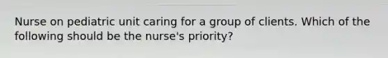 Nurse on pediatric unit caring for a group of clients. Which of the following should be the nurse's priority?