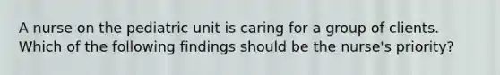 A nurse on the pediatric unit is caring for a group of clients. Which of the following findings should be the nurse's priority?