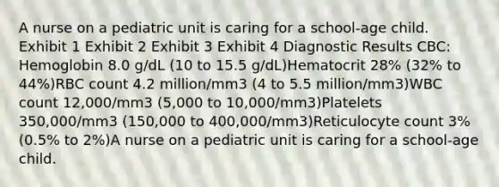 A nurse on a pediatric unit is caring for a school-age child. Exhibit 1 Exhibit 2 Exhibit 3 Exhibit 4 Diagnostic Results CBC: Hemoglobin 8.0 g/dL (10 to 15.5 g/dL)Hematocrit 28% (32% to 44%)RBC count 4.2 million/mm3 (4 to 5.5 million/mm3)WBC count 12,000/mm3 (5,000 to 10,000/mm3)Platelets 350,000/mm3 (150,000 to 400,000/mm3)Reticulocyte count 3% (0.5% to 2%)A nurse on a pediatric unit is caring for a school-age child.