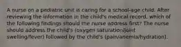 A nurse on a pediatric unit is caring for a school-age child. After reviewing the information in the child's medical record, which of the following findings should the nurse address first? The nurse should address the child's (oxygen saturation/joint swelling/fever) followed by the child's (pain/anemia/hydration).