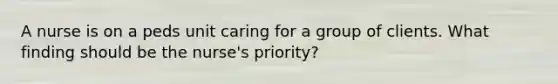 A nurse is on a peds unit caring for a group of clients. What finding should be the nurse's priority?