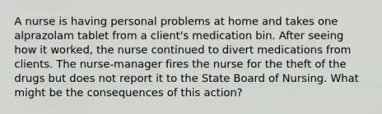 A nurse is having personal problems at home and takes one alprazolam tablet from a client's medication bin. After seeing how it worked, the nurse continued to divert medications from clients. The nurse-manager fires the nurse for the theft of the drugs but does not report it to the State Board of Nursing. What might be the consequences of this action?