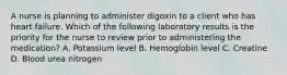 A nurse is planning to administer digoxin to a client who has heart failure. Which of the following laboratory results is the priority for the nurse to review prior to administering the medication? A. Potassium level B. Hemoglobin level C. Creatine D. Blood urea nitrogen