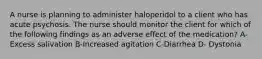 A nurse is planning to administer haloperidol to a client who has acute psychosis. The nurse should monitor the client for which of the following findings as an adverse effect of the medication? A- Excess salivation B-Increased agitation C-Diarrhea D- Dystonia