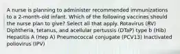 A nurse is planning to administer recommended immunizations to a 2-month-old infant. Which of the following vaccines should the nurse plan to give? Select all that apply. Rotavirus (RV) Diphtheria, tetanus, and acellular pertussis (DTaP) type b (Hib) Hepatitis A (Hep A) Pneumococcal conjugate (PCV13) Inactivated poliovirus (IPV)