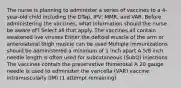 The nurse is planning to administer a series of vaccines to a 4-year-old child including the DTap, IPV, MMR, and VAR. Before administering the vaccines, what information should the nurse be aware of? Select all that apply. The vaccines all contain weakened live viruses Either the deltoid muscle of the arm or anterolateral thigh muscle can be used Multiple immunizations should be administered a minimum of 1 inch apart A 5/8 inch needle length is often used for subcutaneous (SubQ) injections The vaccines contain the preservative thimerosal A 20 gauge needle is used to administer the varicella (VAR) vaccine intramuscularly (IM) (1 attempt remaining)