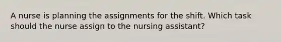 A nurse is planning the assignments for the shift. Which task should the nurse assign to the nursing assistant?