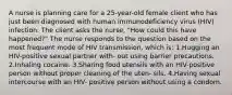 A nurse is planning care for a 25-year-old female client who has just been diagnosed with human immunodeficiency virus (HIV) infection. The client asks the nurse, "How could this have happened?" The nurse responds to the question based on the most frequent mode of HIV transmission, which is: 1.Hugging an HIV-positive sexual partner with- out using barrier precautions. 2.Inhaling cocaine. 3.Sharing food utensils with an HIV-positive person without proper cleaning of the uten- sils. 4.Having sexual intercourse with an HIV- positive person without using a condom.