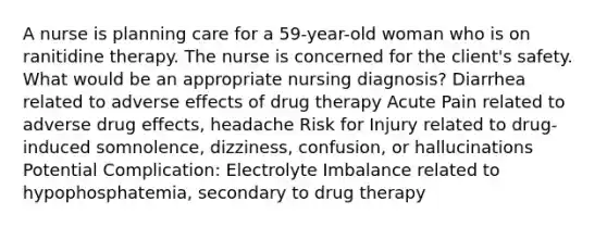 A nurse is planning care for a 59-year-old woman who is on ranitidine therapy. The nurse is concerned for the client's safety. What would be an appropriate nursing diagnosis? Diarrhea related to adverse effects of drug therapy Acute Pain related to adverse drug effects, headache Risk for Injury related to drug-induced somnolence, dizziness, confusion, or hallucinations Potential Complication: Electrolyte Imbalance related to hypophosphatemia, secondary to drug therapy