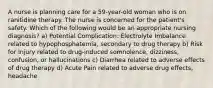 A nurse is planning care for a 59-year-old woman who is on ranitidine therapy. The nurse is concerned for the patient's safety. Which of the following would be an appropriate nursing diagnosis? a) Potential Complication: Electrolyte Imbalance related to hypophosphatemia, secondary to drug therapy b) Risk for Injury related to drug-induced somnolence, dizziness, confusion, or hallucinations c) Diarrhea related to adverse effects of drug therapy d) Acute Pain related to adverse drug effects, headache