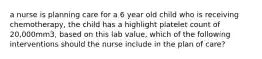 a nurse is planning care for a 6 year old child who is receiving chemotherapy, the child has a highlight platelet count of 20,000mm3, based on this lab value, which of the following interventions should the nurse include in the plan of care?