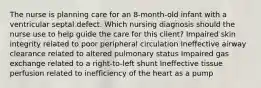 The nurse is planning care for an 8-month-old infant with a ventricular septal defect. Which nursing diagnosis should the nurse use to help guide the care for this client? Impaired skin integrity related to poor peripheral circulation Ineffective airway clearance related to altered pulmonary status Impaired gas exchange related to a right-to-left shunt Ineffective tissue perfusion related to inefficiency of the heart as a pump