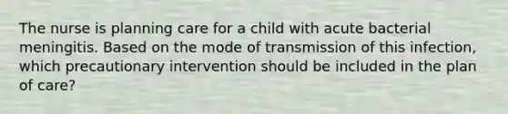 The nurse is planning care for a child with acute bacterial meningitis. Based on the mode of transmission of this infection, which precautionary intervention should be included in the plan of care?