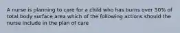 A nurse is planning to care for a child who has burns over 50% of total body surface area which of the following actions should the nurse include in the plan of care