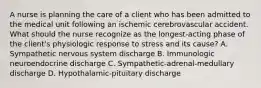 A nurse is planning the care of a client who has been admitted to the medical unit following an ischemic cerebrovascular accident. What should the nurse recognize as the longest-acting phase of the client's physiologic response to stress and its cause? A. Sympathetic nervous system discharge B. Immunologic neuroendocrine discharge C. Sympathetic-adrenal-medullary discharge D. Hypothalamic-pituitary discharge