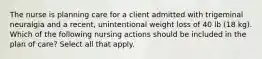 The nurse is planning care for a client admitted with trigeminal neuralgia and a recent, unintentional weight loss of 40 lb (18 kg). Which of the following nursing actions should be included in the plan of care? Select all that apply.