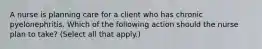 A nurse is planning care for a client who has chronic pyelonephritis. Which of the following action should the nurse plan to take? (Select all that apply.)