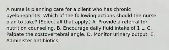 A nurse is planning care for a client who has chronic pyelonephritis. Which of the following actions should the nurse plan to take? (Select all that apply.) A. Provide a referral for nutrition counseling. B. Encourage daily fluid intake of 1 L. C. Palpate the costovertebral angle. D. Monitor urinary output. E. Administer antibiotics.