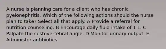 A nurse is planning care for a client who has chronic pyelonephritis. Which of the following actions should the nurse plan to take?​​​​​​ Select all that apply. A Provide a referral for nutrition counseling.​​​​​​​ B Encourage daily fluid intake of 1 L.​​​​​​​ C Palpate the costovertebral angle.​​​​​​​ D Monitor urinary output.​​​​​​​ E Administer antibiotics.