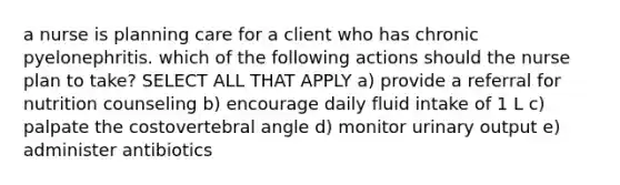 a nurse is planning care for a client who has chronic pyelonephritis. which of the following actions should the nurse plan to take? SELECT ALL THAT APPLY a) provide a referral for nutrition counseling b) encourage daily fluid intake of 1 L c) palpate the costovertebral angle d) monitor urinary output e) administer antibiotics