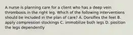 A nurse is planning care for a client who has a deep vein thrombosis in the right leg. Which of the following interventions should be included in the plan of care? A. Dorsiflex the feet B. apply compression stockings C. immobilize both legs D. position the legs dependently