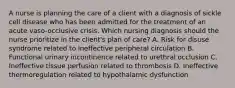 A nurse is planning the care of a client with a diagnosis of sickle cell disease who has been admitted for the treatment of an acute vaso-occlusive crisis. Which nursing diagnosis should the nurse prioritize in the client's plan of care? A. Risk for disuse syndrome related to ineffective peripheral circulation B. Functional urinary incontinence related to urethral occlusion C. Ineffective tissue perfusion related to thrombosis D. Ineffective thermoregulation related to hypothalamic dysfunction