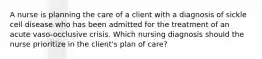 A nurse is planning the care of a client with a diagnosis of sickle cell disease who has been admitted for the treatment of an acute vaso-occlusive crisis. Which nursing diagnosis should the nurse prioritize in the client's plan of care?