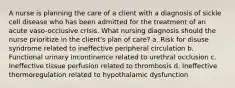 A nurse is planning the care of a client with a diagnosis of sickle cell disease who has been admitted for the treatment of an acute vaso-occlusive crisis. What nursing diagnosis should the nurse prioritize in the client's plan of care? a. Risk for disuse syndrome related to ineffective peripheral circulation b. Functional urinary incontinence related to urethral occlusion c. Ineffective tissue perfusion related to thrombosis d. Ineffective thermoregulation related to hypothalamic dysfunction