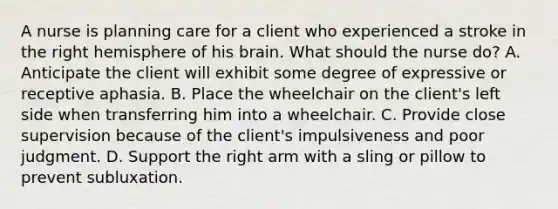 A nurse is planning care for a client who experienced a stroke in the right hemisphere of his brain. What should the nurse do? A. Anticipate the client will exhibit some degree of expressive or receptive aphasia. B. Place the wheelchair on the client's left side when transferring him into a wheelchair. C. Provide close supervision because of the client's impulsiveness and poor judgment. D. Support the right arm with a sling or pillow to prevent subluxation.