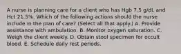 A nurse is planning care for a client who has Hgb 7.5 g/dL and Hct 21.5%. Which of the following actions should the nurse include in the plan of care? (Select all that apply.) A. Provide assistance with ambulation. B. Monitor oxygen saturation. C. Weigh the client weekly. D. Obtain stool specimen for occult blood. E. Schedule daily rest periods.