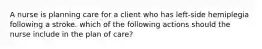 A nurse is planning care for a client who has left-side hemiplegia following a stroke. which of the following actions should the nurse include in the plan of care?