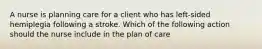 A nurse is planning care for a client who has left-sided hemiplegia following a stroke. Which of the following action should the nurse include in the plan of care