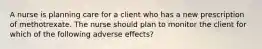 A nurse is planning care for a client who has a new prescription of methotrexate. The nurse should plan to monitor the client for which of the following adverse effects?