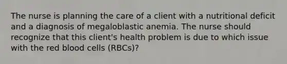 The nurse is planning the care of a client with a nutritional deficit and a diagnosis of megaloblastic anemia. The nurse should recognize that this client's health problem is due to which issue with the red blood cells (RBCs)?