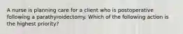 A nurse is planning care for a client who is postoperative following a parathyroidectomy. Which of the following action is the highest priority?