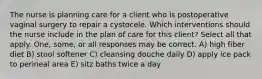 The nurse is planning care for a client who is postoperative vaginal surgery to repair a cystocele. Which interventions should the nurse include in the plan of care for this client? Select all that apply. One, some, or all responses may be correct. A) high fiber diet B) stool softener C) cleansing douche daily D) apply ice pack to perineal area E) sitz baths twice a day